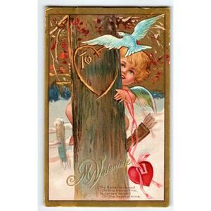 Cupid Angel Carved Heart Tree Bird Vintage Valentine Postcard Salesman's Sample